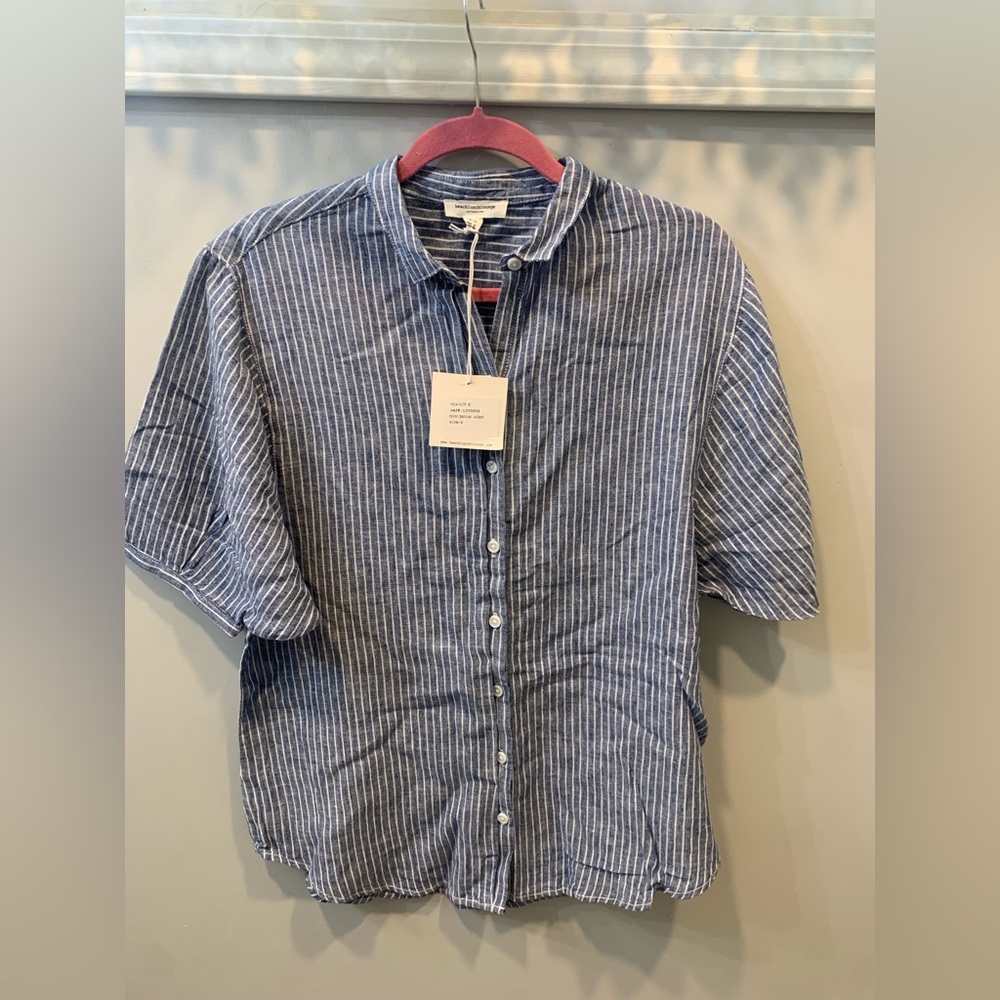 BeachLunchLounge Blue White Thin Stripe Linen Blend Button Up Shirt Women S nwt